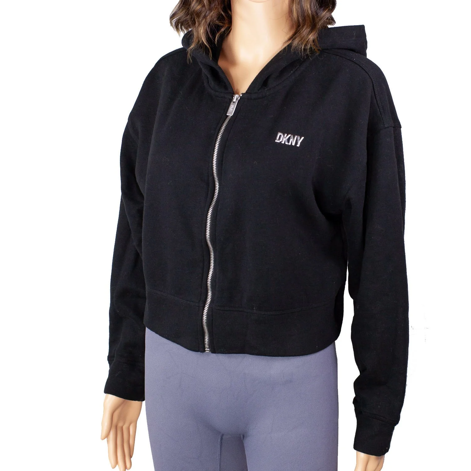 DKNY Sport Small Cropped Zip Hoodie Black Logo Sweatshirt