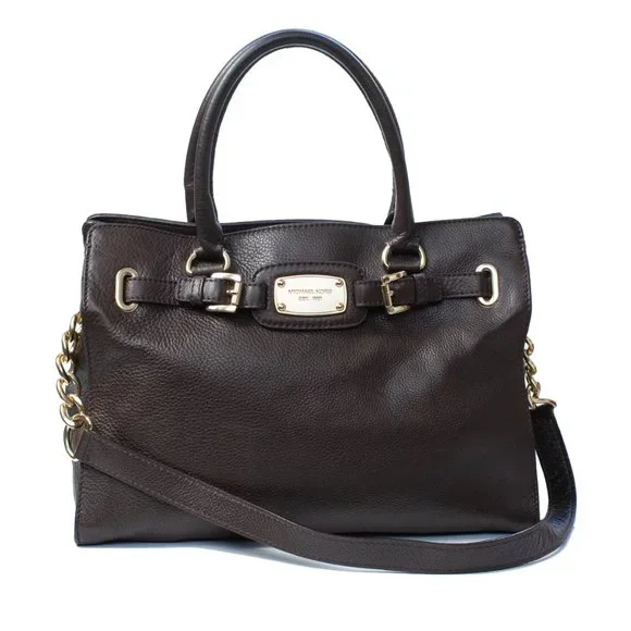 Michael Kors Hamilton East West Satchel Brown Pebbled Leather Gold Hardware
