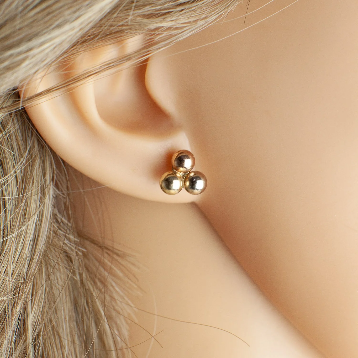 Vintage 14K Tri-Color Gold Ball Cluster Stud Earrings, Yellow White Rose Gold