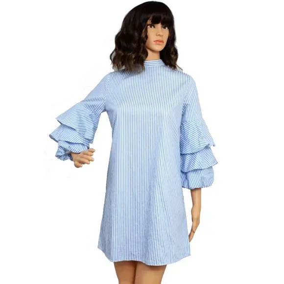 Zara Blue White Striped Ruffle Sleeve Mini Dress