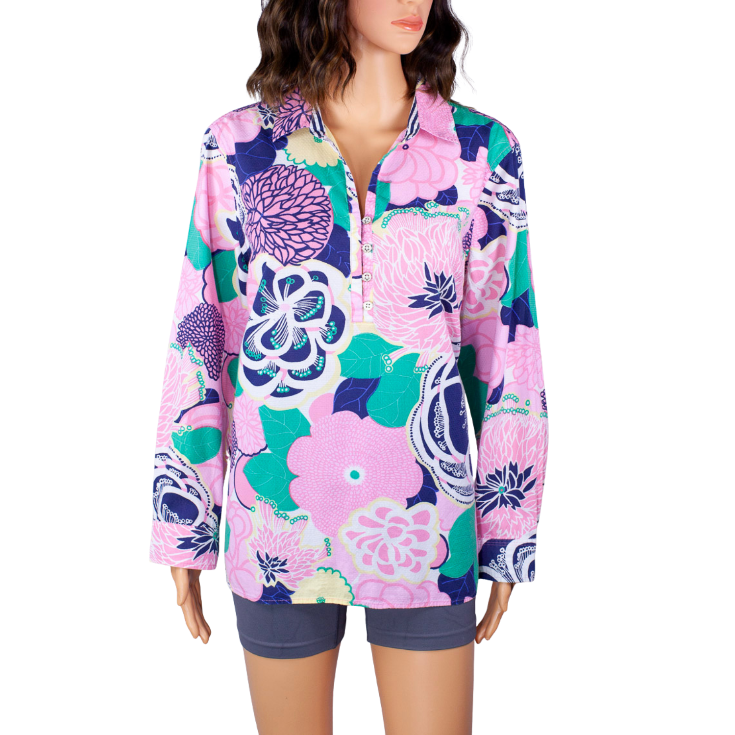 Talbots XL Petites Floral Blouse Pink Blue Green Button Front