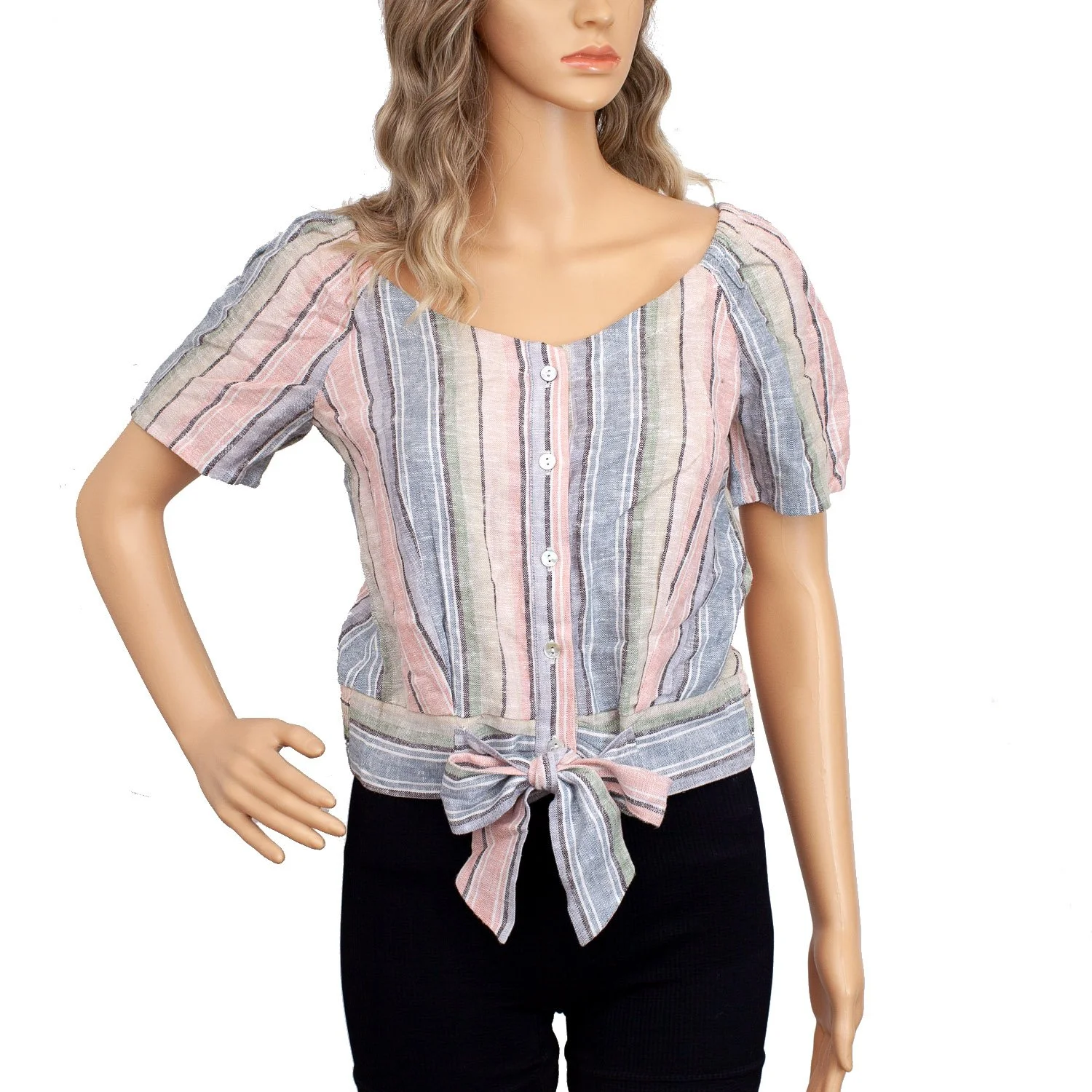 Drew Pastel Rainbow Linen Blend Tie Front Top