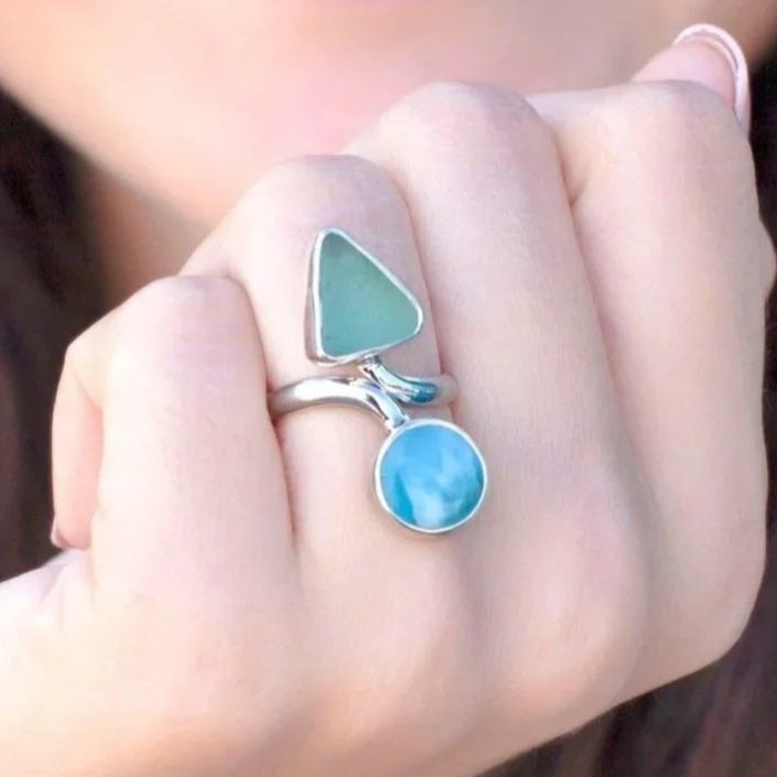 handmade sterling silver ring with natural sea glass and larimar