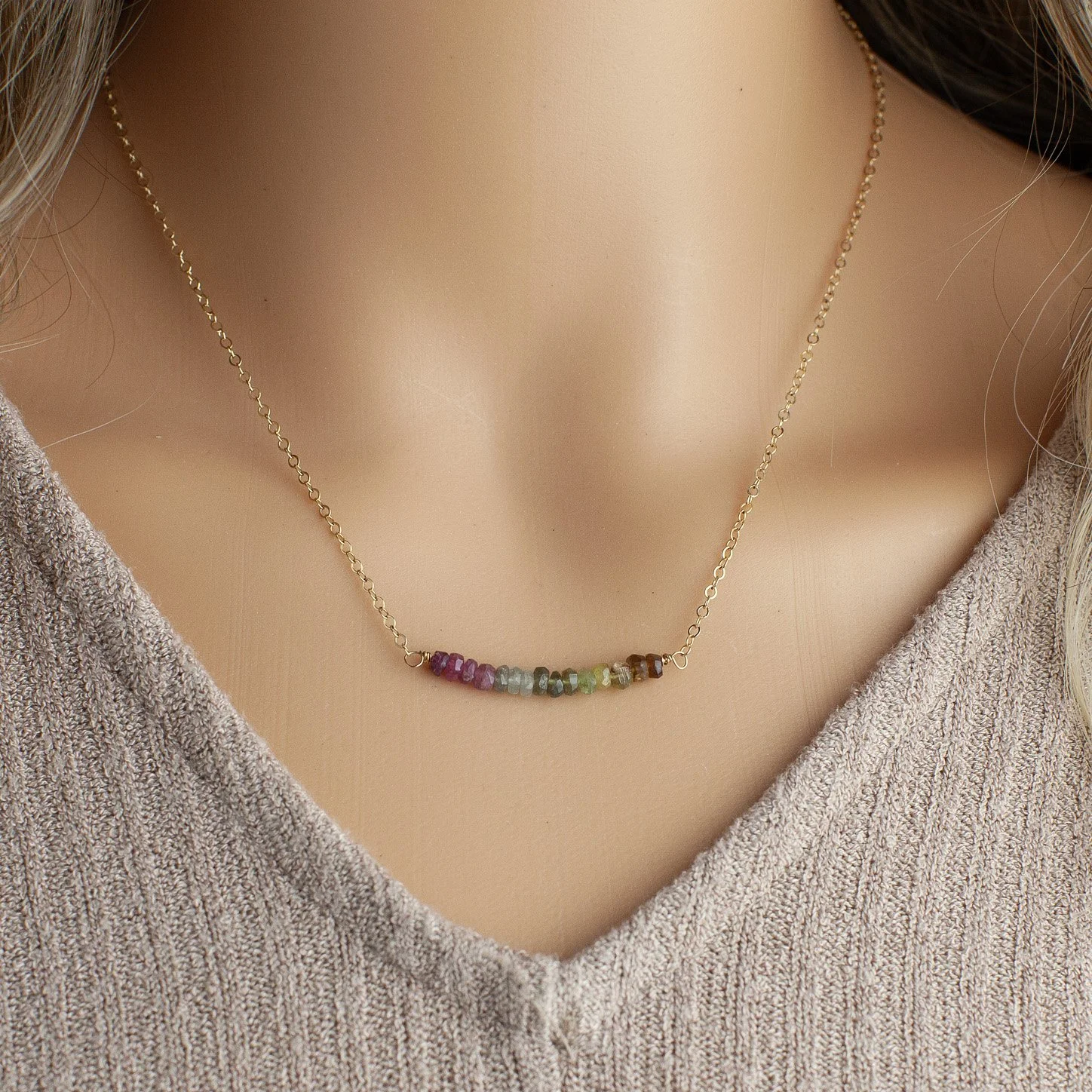 Rainbow Tourmaline Bar Necklace