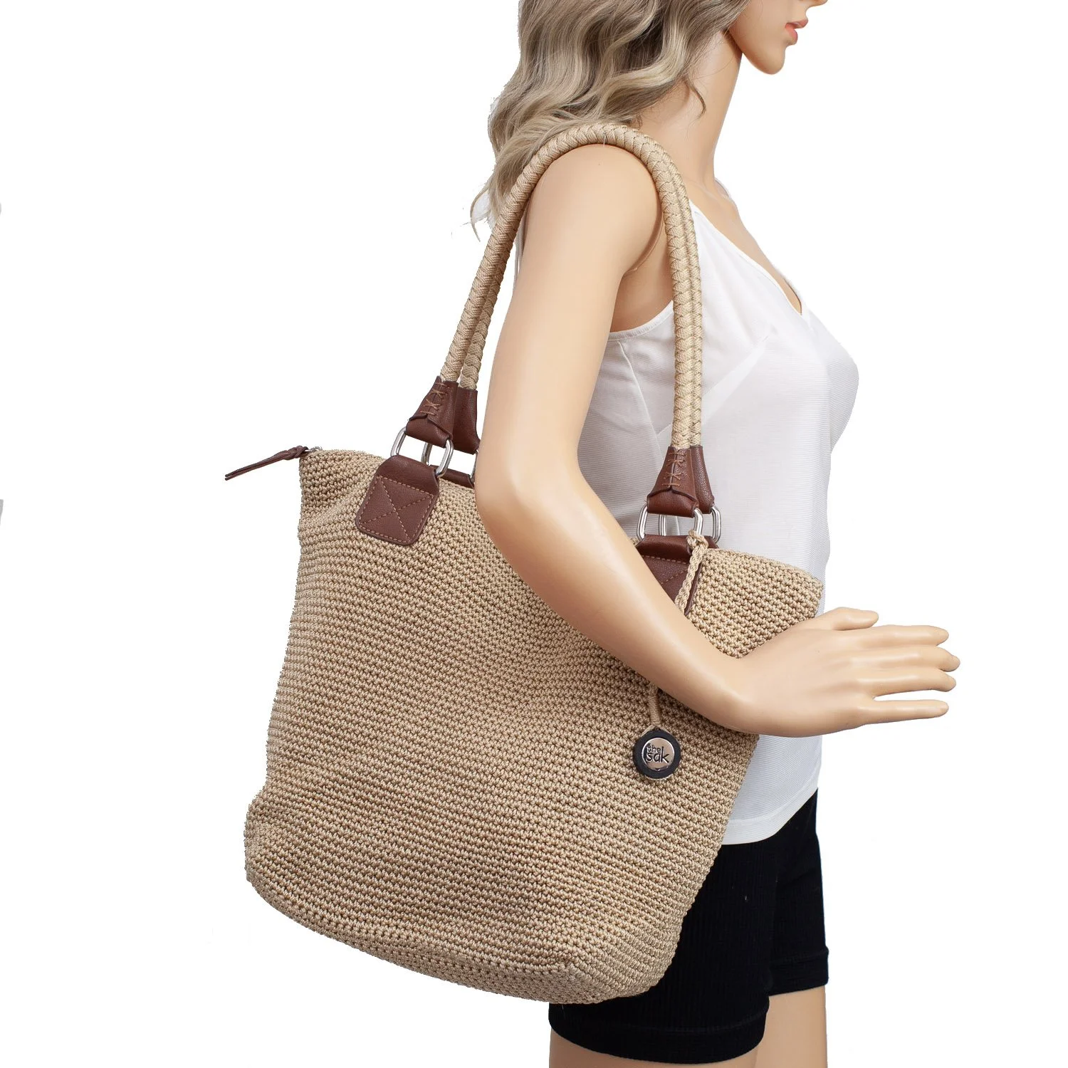The Sak Crochet Tote Bag Natural Beige Zip Top Shoulder Bag