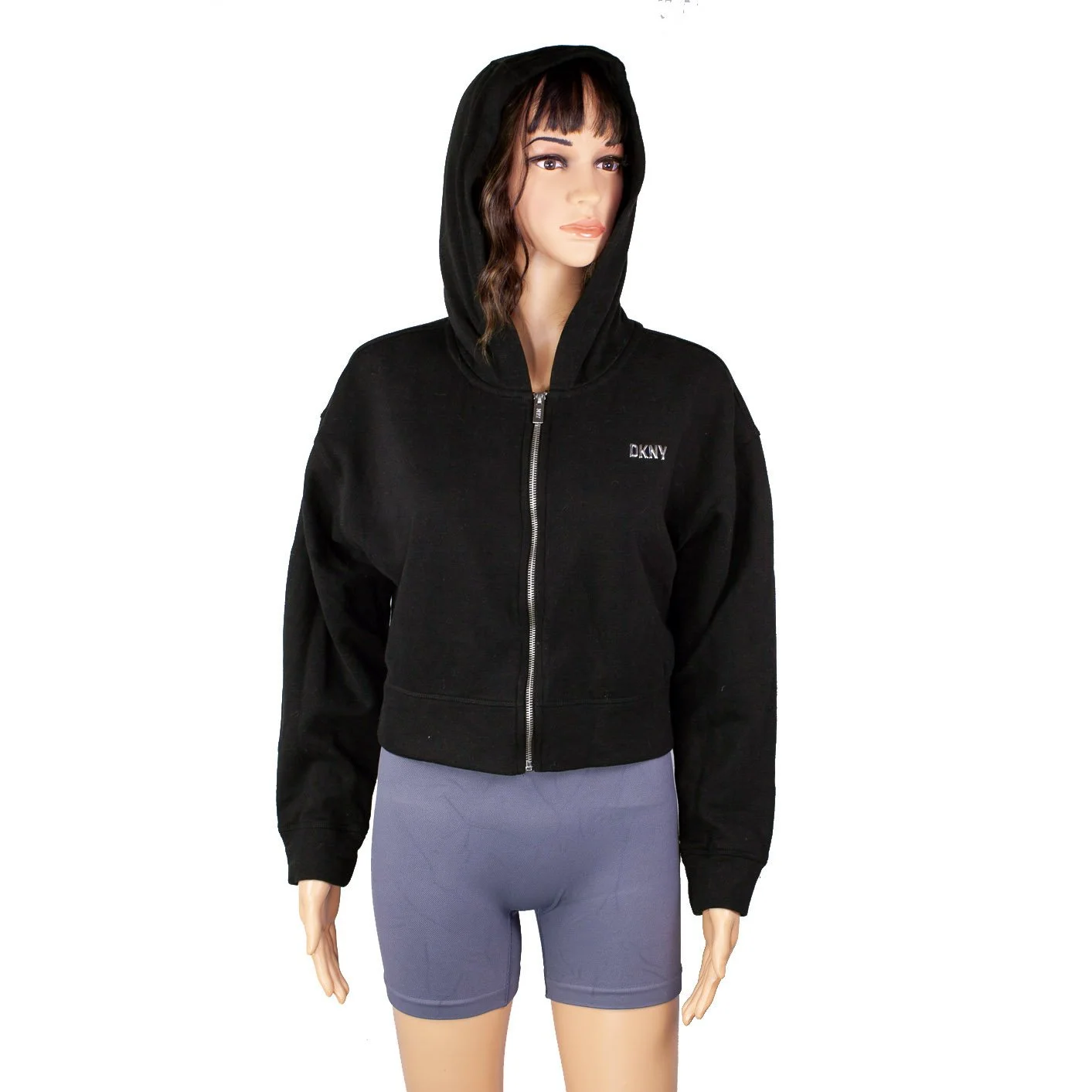 DKNY Sport Small Cropped Zip Hoodie Black Logo Sweatshirt