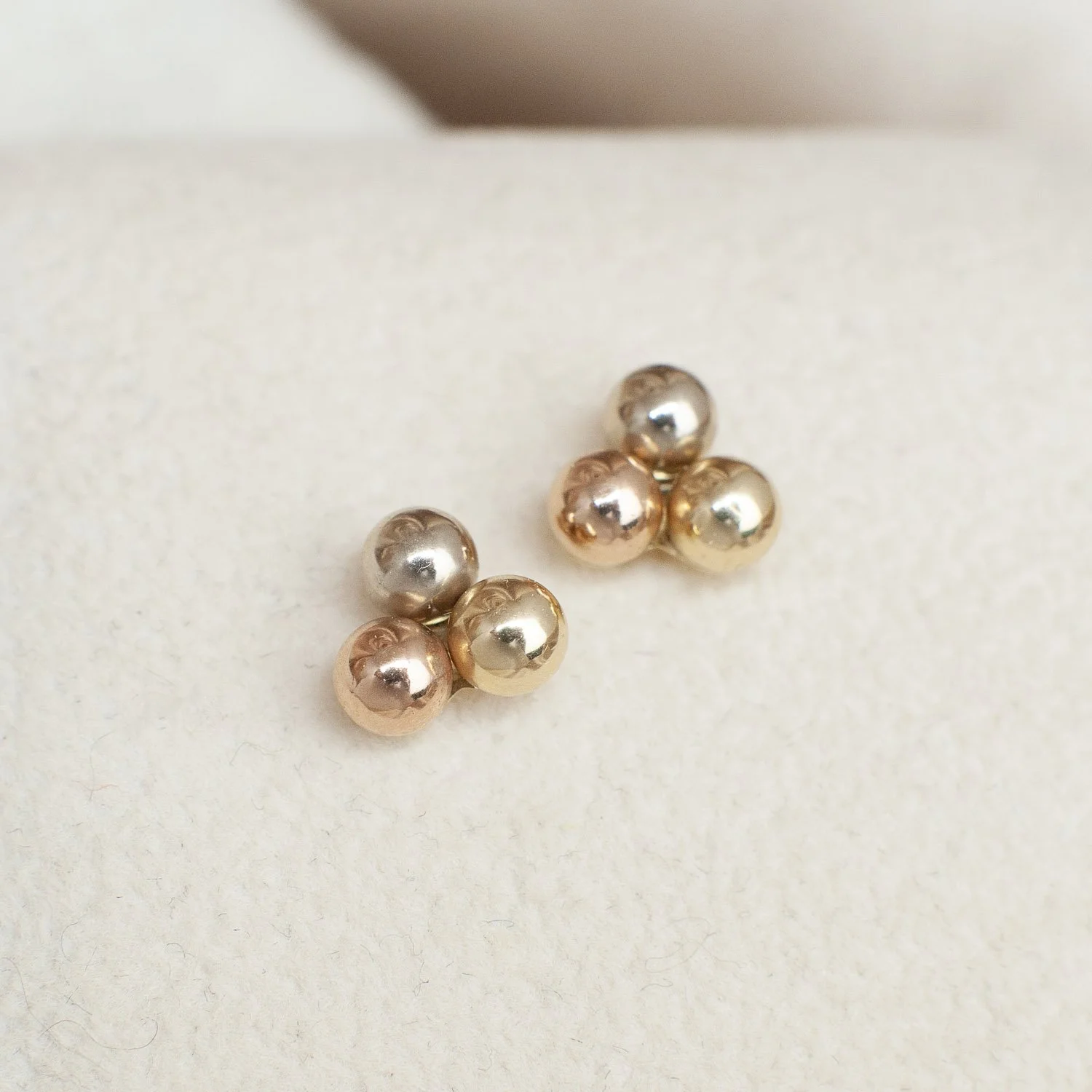 Vintage 14K Tri-Color Gold Ball Cluster Stud Earrings, Yellow White Rose Gold