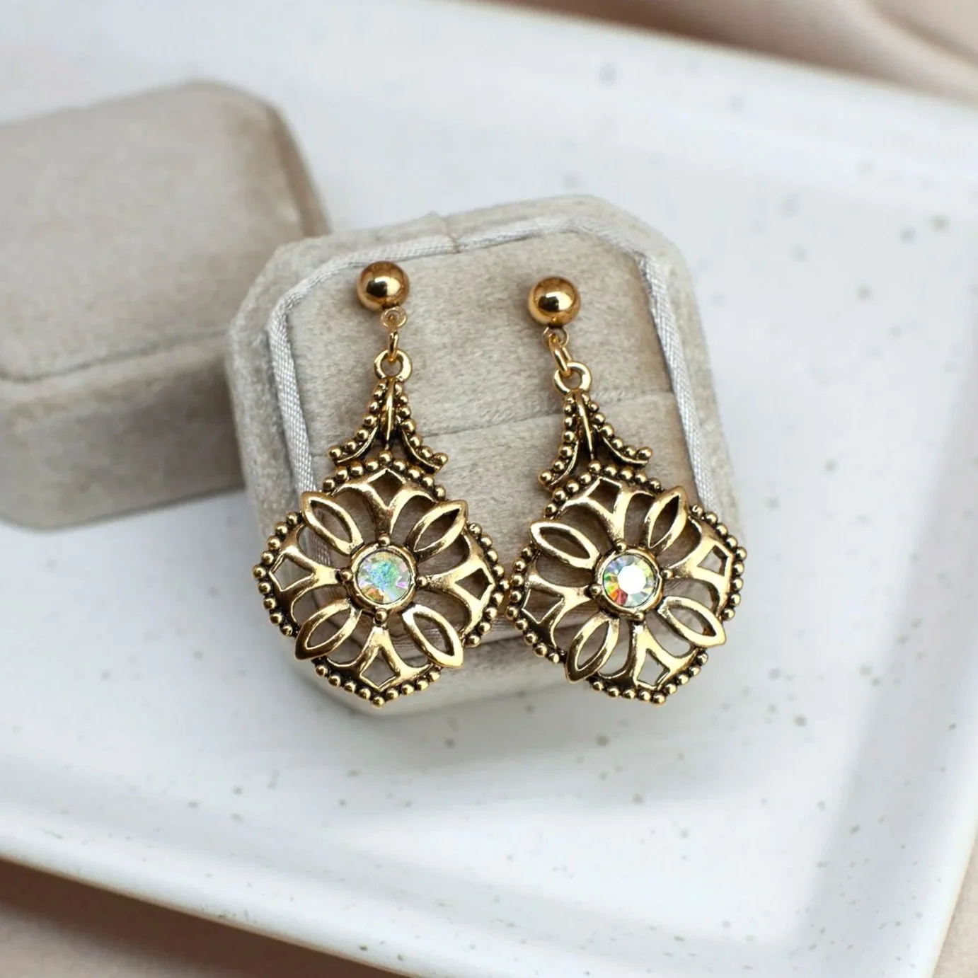 Vintage Avon Gold Tone Filigree Aurora Borealis Crystal Earrings