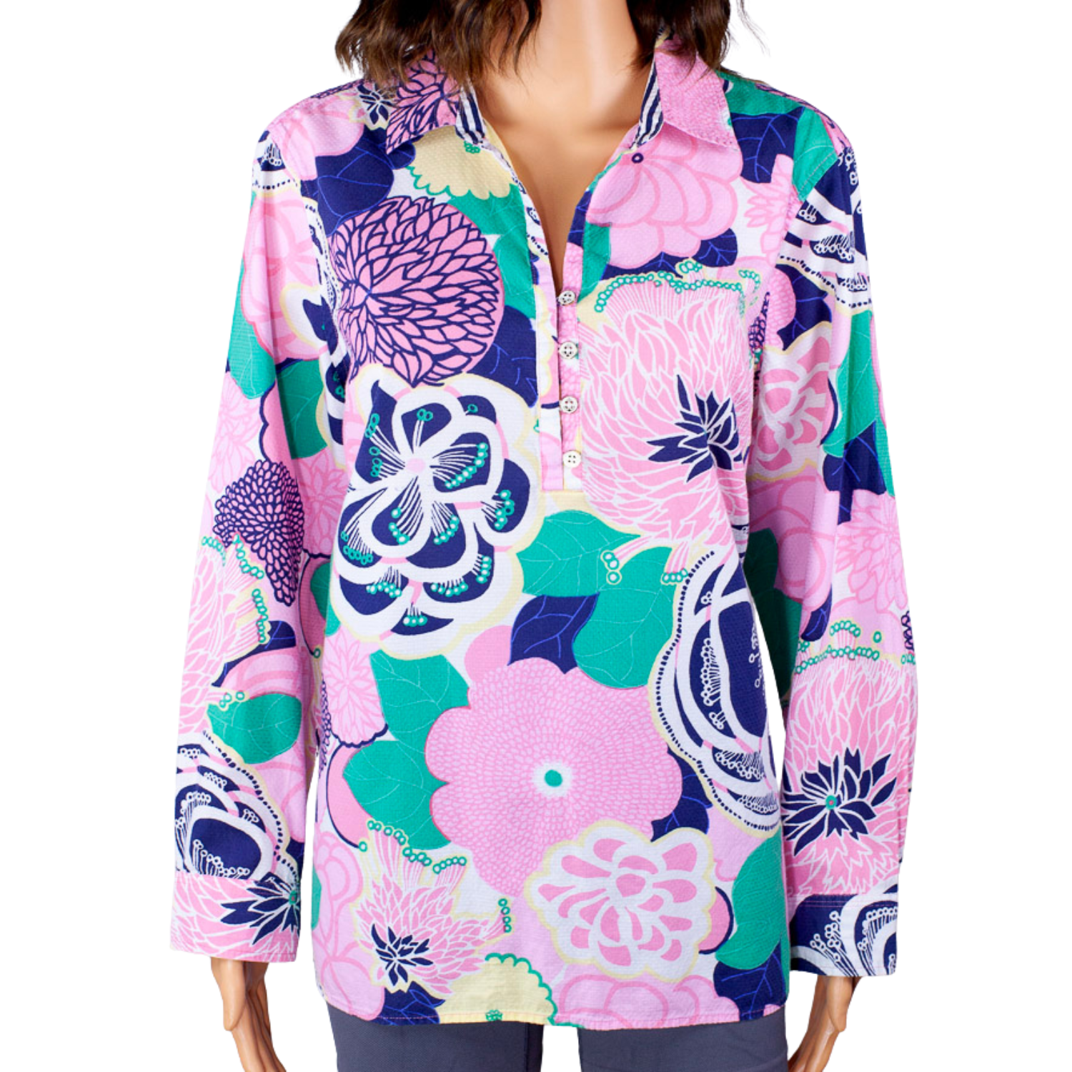 Talbots XL Petites Floral Blouse Pink Blue Green Button Front