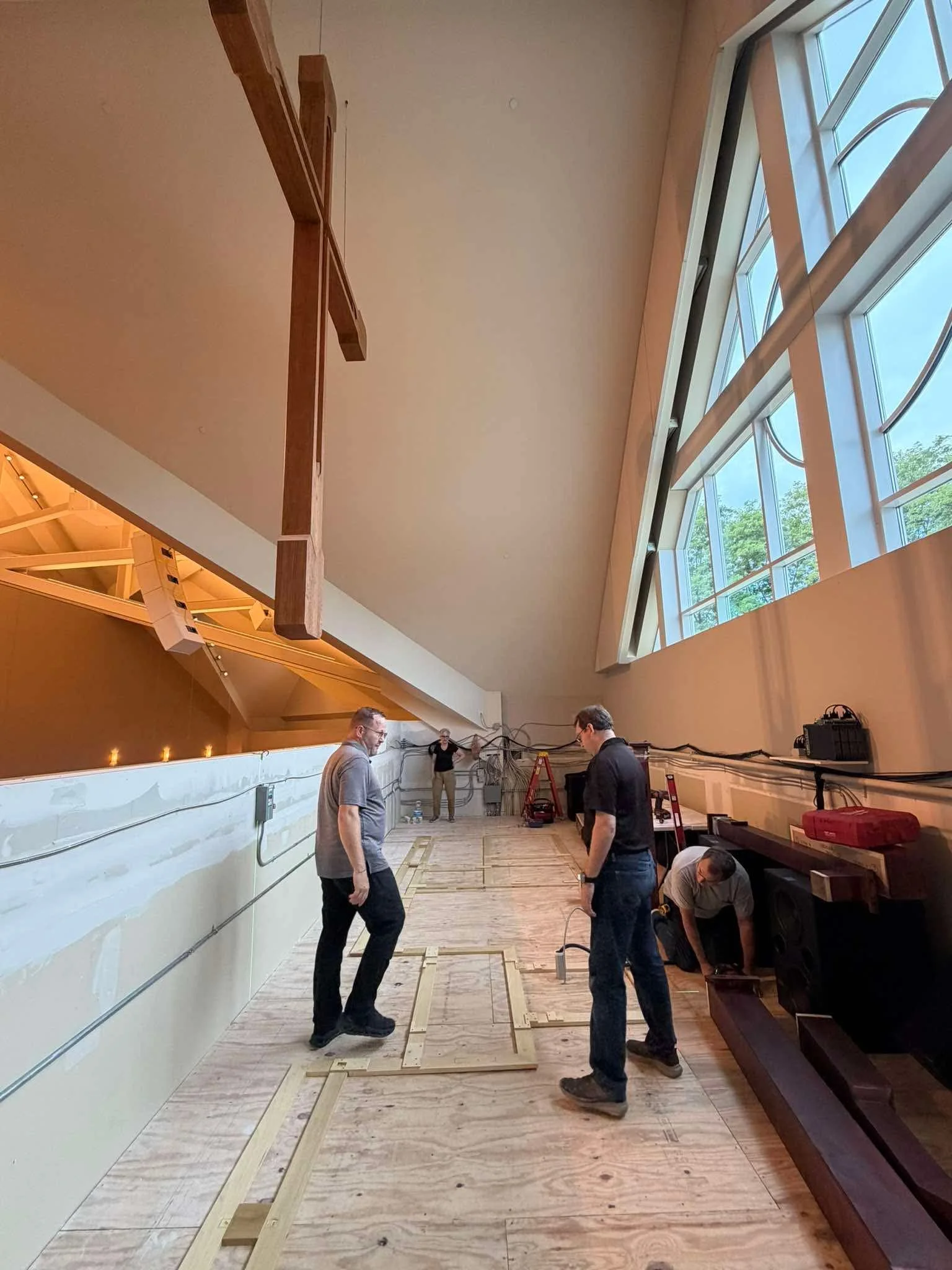 Empty organ space with floor frame getting placed
