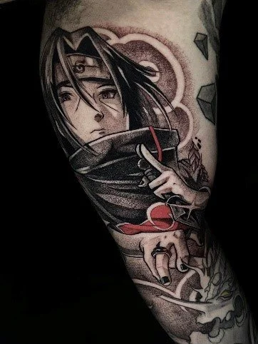 Tattoo of a woman with long hair holding a cigarette, with detailed shading and geometric patterns.