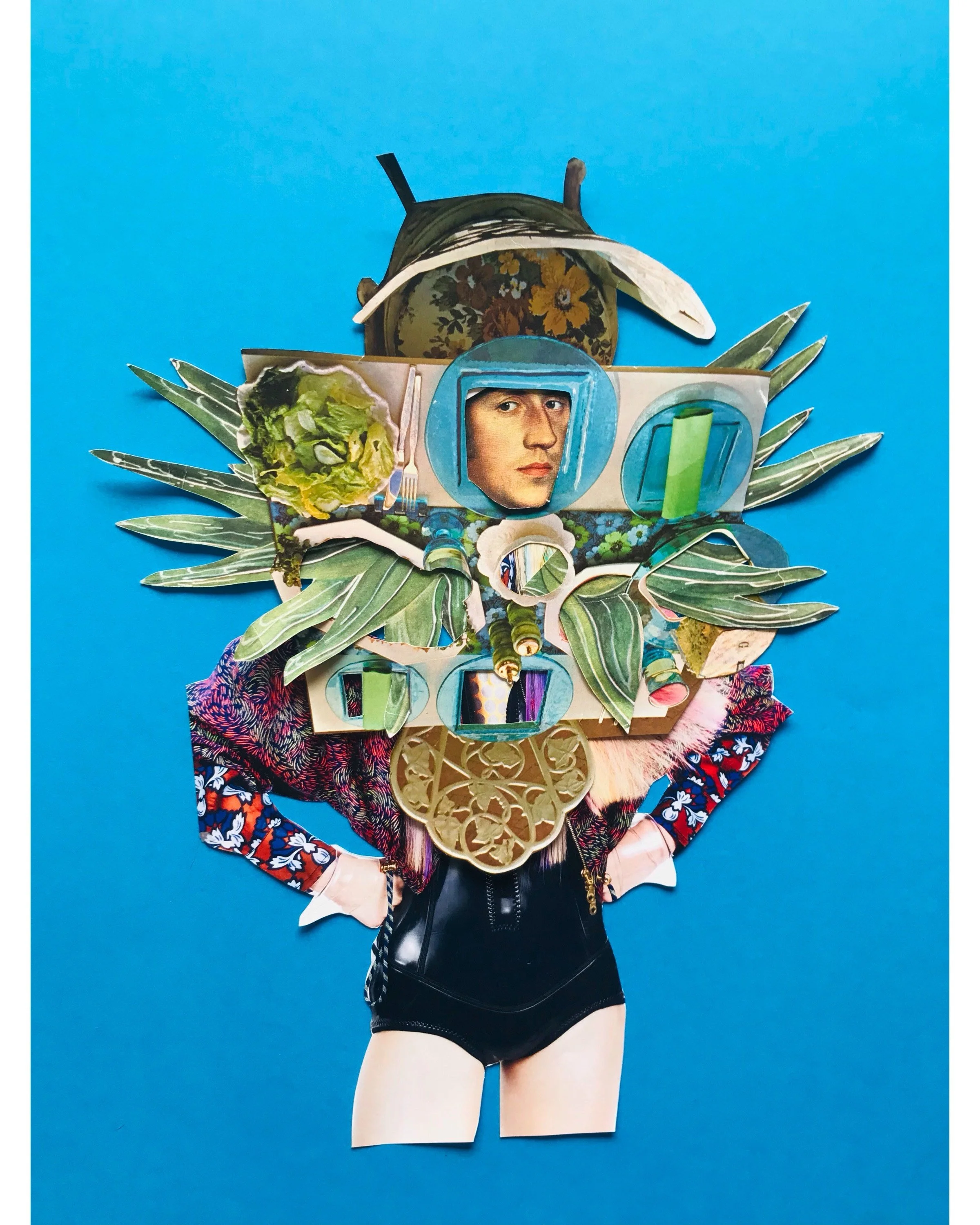 Colorful collage artwork featuring a surreal human figure made from various magazine cutouts, including a face inside a circular frame, plant leaves, abstract patterns, and a floral background, set on a blue backdrop.