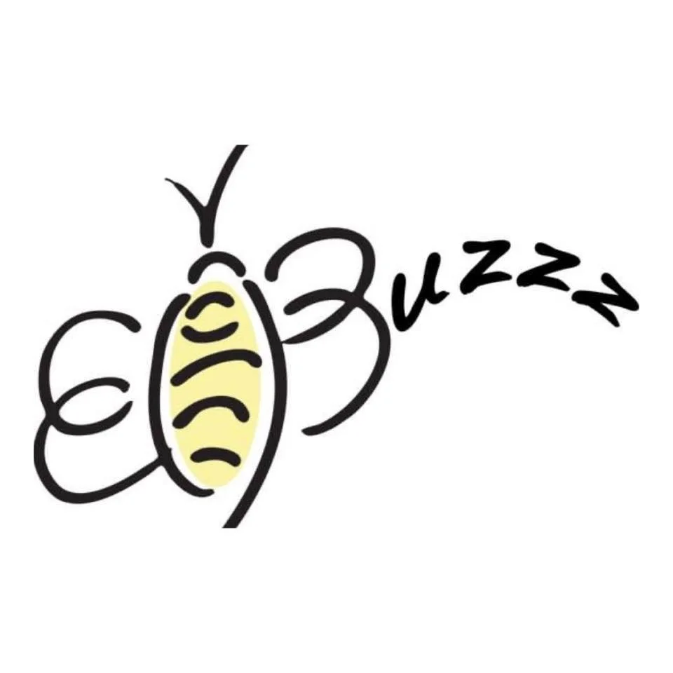 Simple line drawing of a bee with wings, a yellow-striped body, and the word 'buzz' written in a curvy font to indicate buzzing.