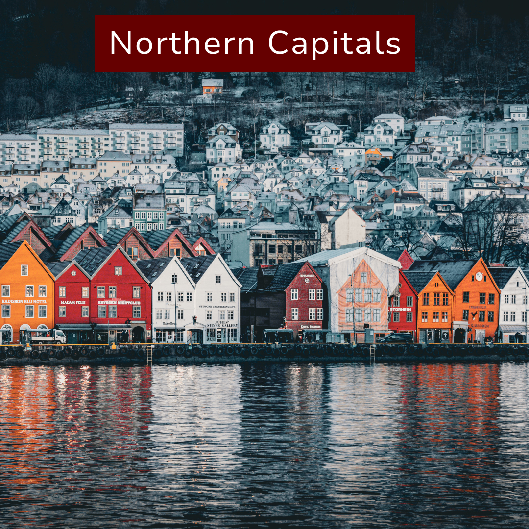 Colorful houses on a waterfront in a northern city, with snow-covered hills in the background and the words 'Northern Capitals' at the top.