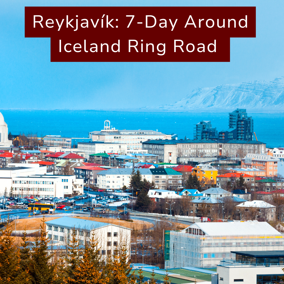 A cityscape of Reykjavík, Iceland, with colorful buildings, a harbor in the background, and a mountain range visible beyond the water.
