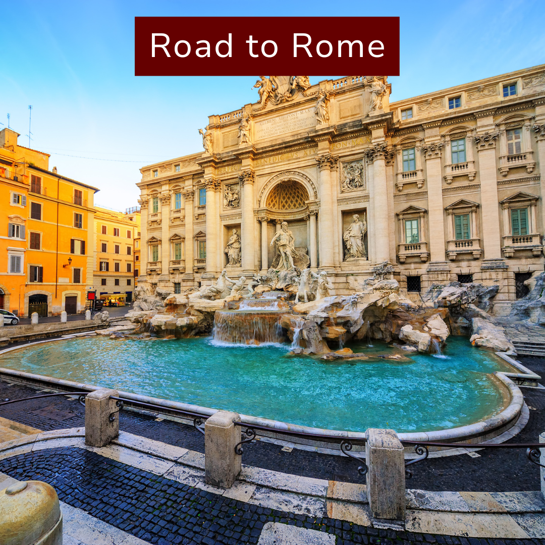 The Trevi Fountain in Rome, Italy, with intricate sculptures, a water basin, and surrounding buildings, under a clear sky.