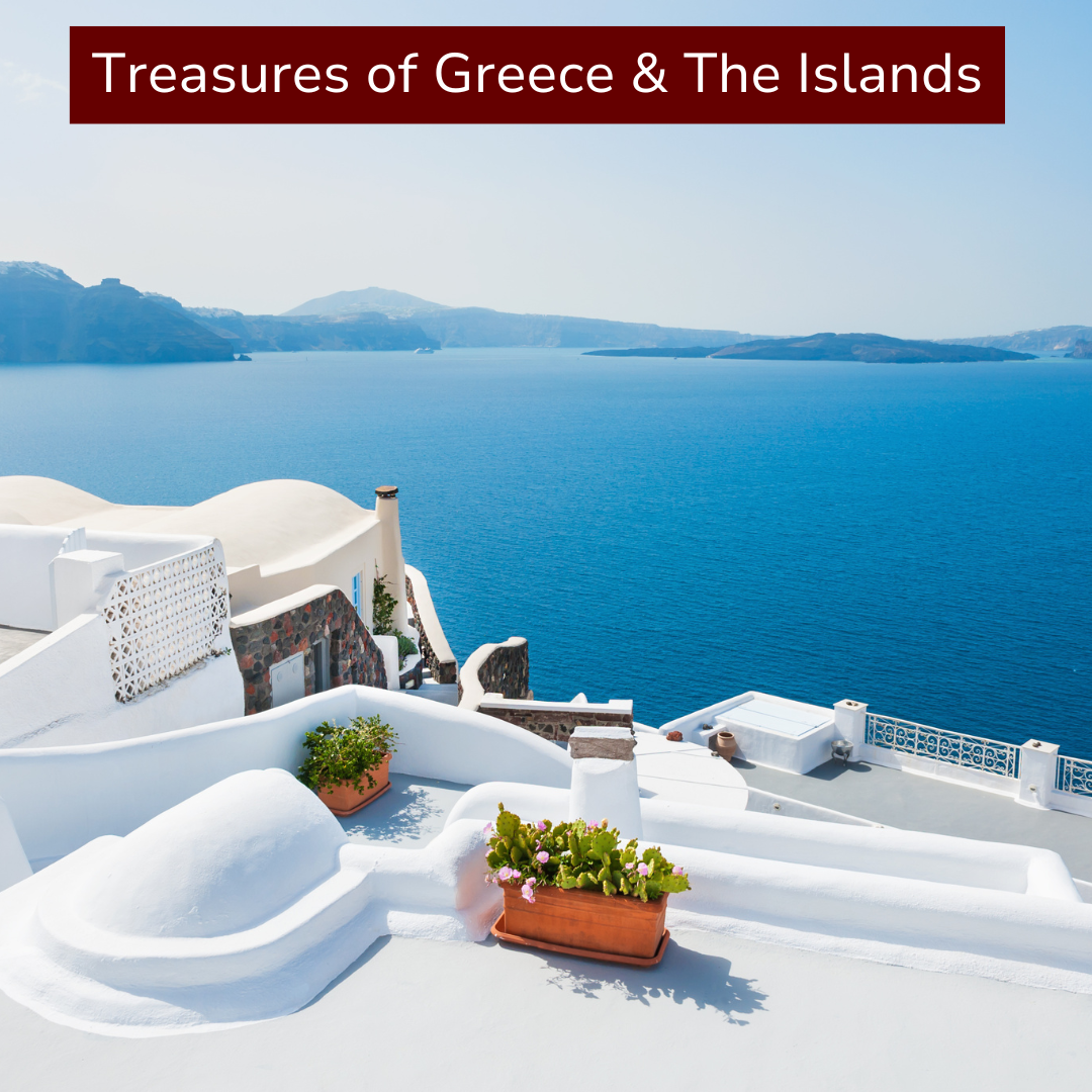 White buildings with rounded roofs and potted plants overlooking a deep blue sea and distant islands in Greece.