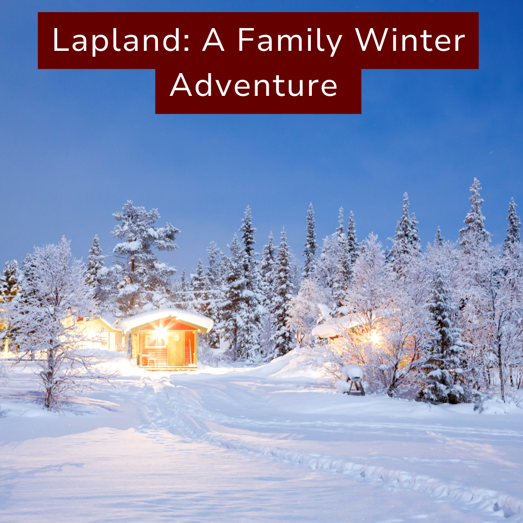 Snow-covered forest with a small cabin and trees illuminated by warm lights during winter in Lapland