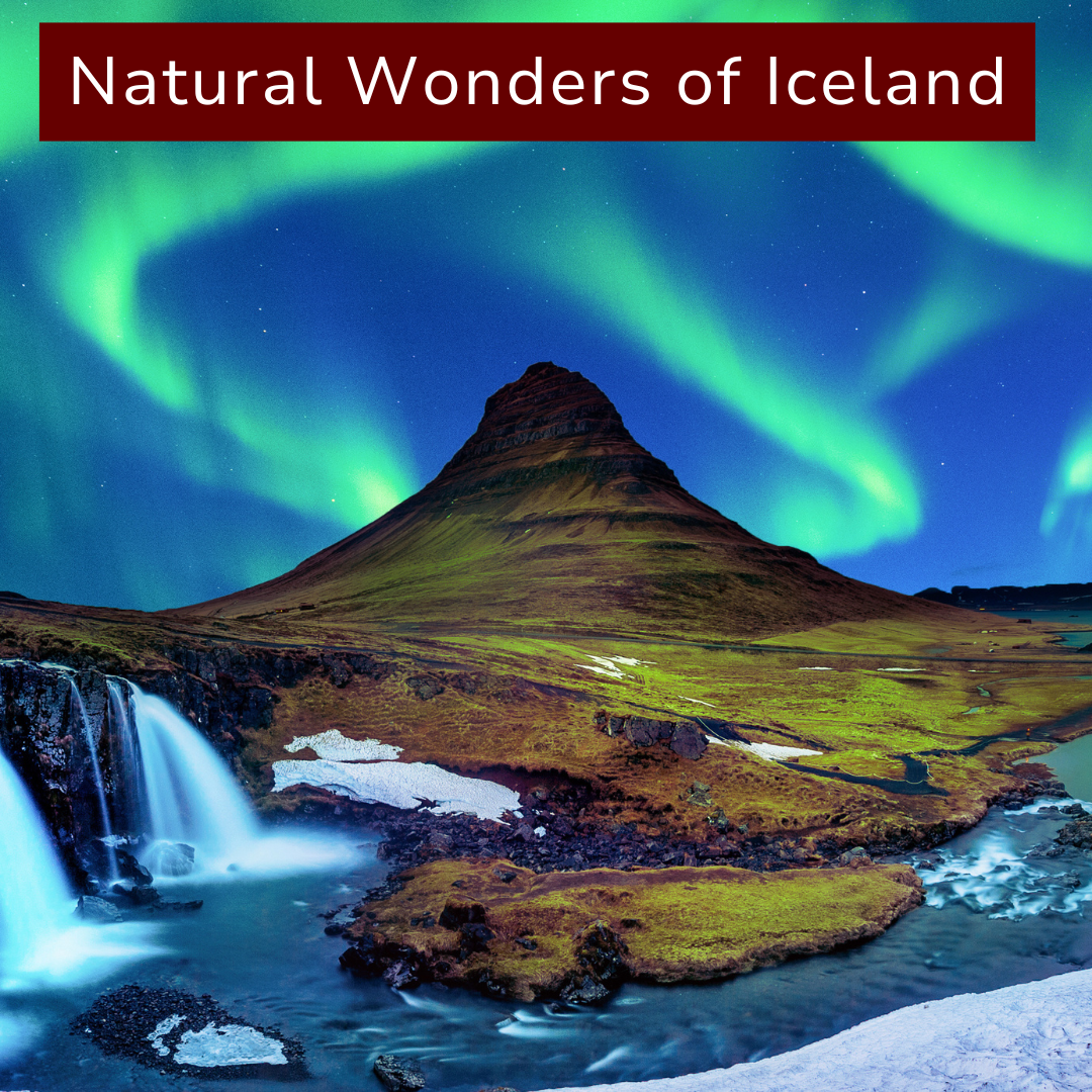 Icelandic landscape with Kirkjufell mountain, waterfall, and northern lights