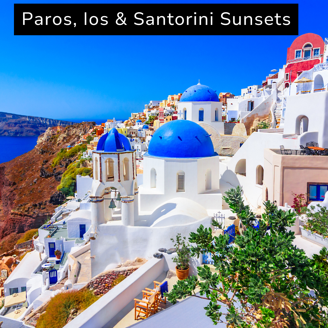 Colorful white buildings with blue domes on a hillside in Santorini with a view of the sea in the background.