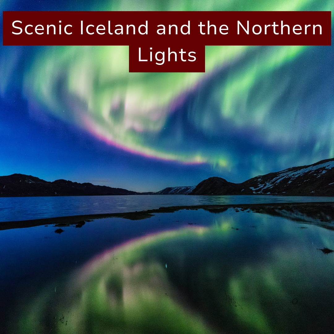 Northern lights over a lake with mountains in Iceland.
