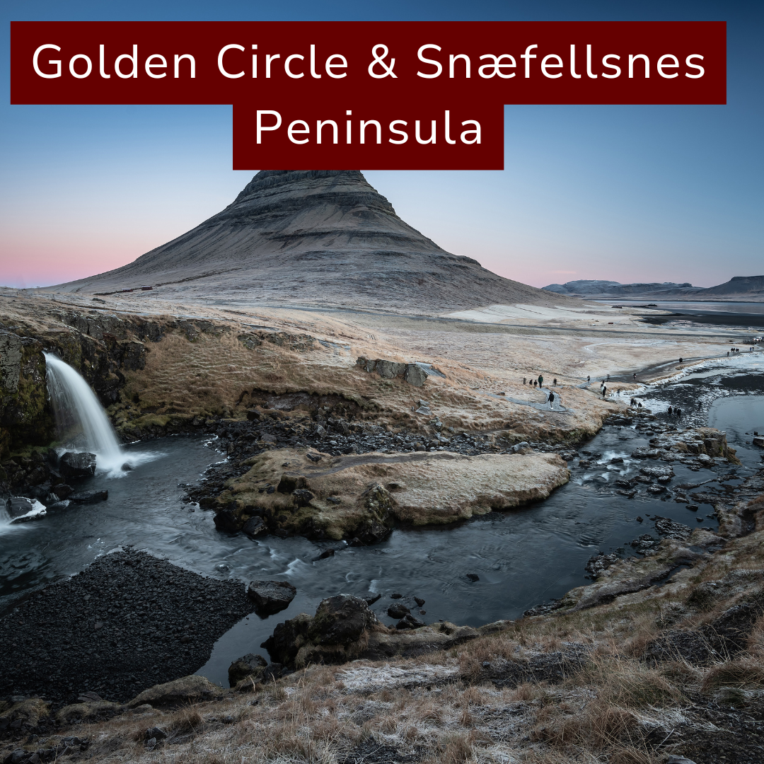 A landscape view of the Kirkjufell mountain with a waterfall and river in the foreground, under a pink and blue sky at dusk, located in the Snæfellsnes Peninsula, Iceland.