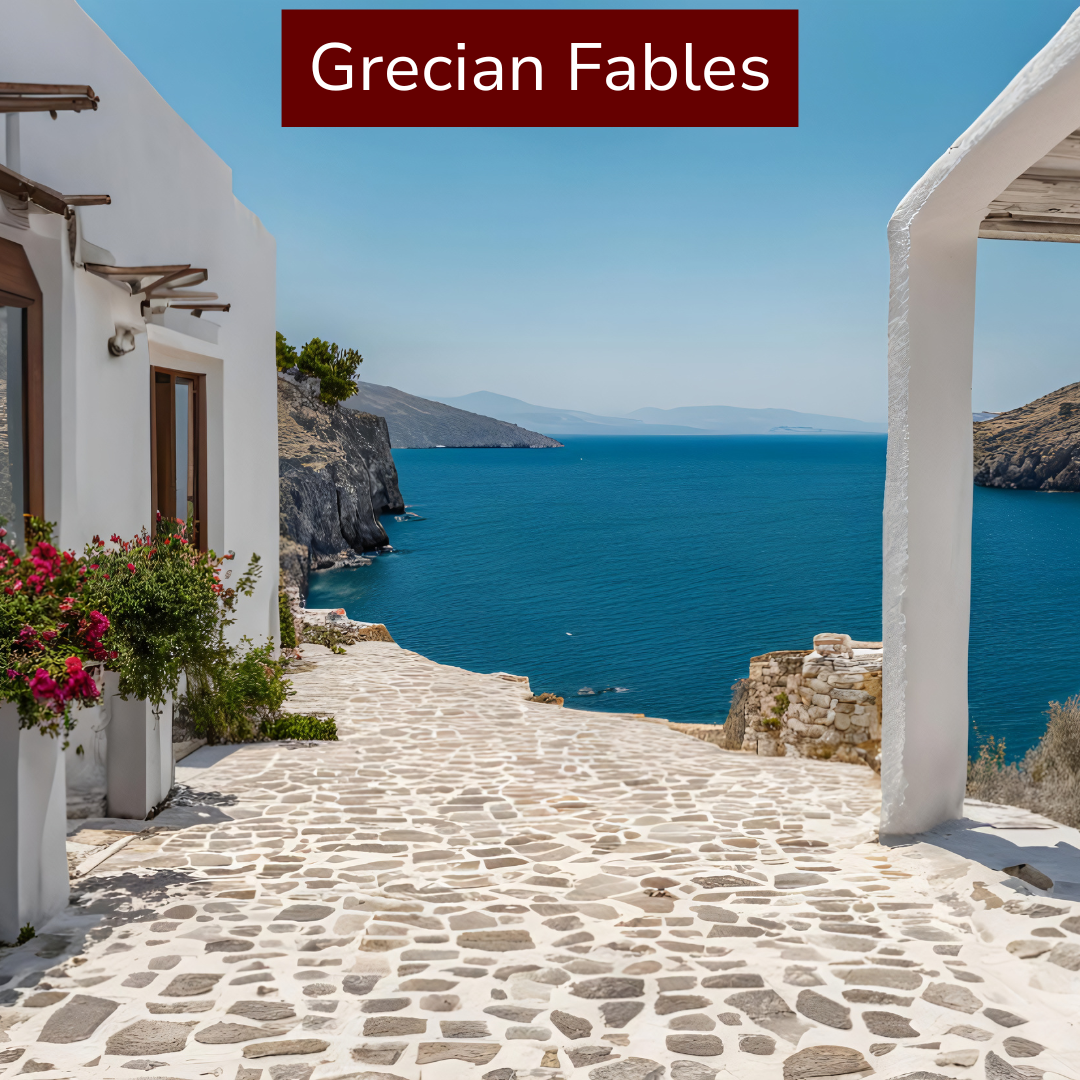 A scenic view of a white Mediterranean building on a cobblestone path overlooking a deep blue sea and rocky cliffs, with clear blue sky.