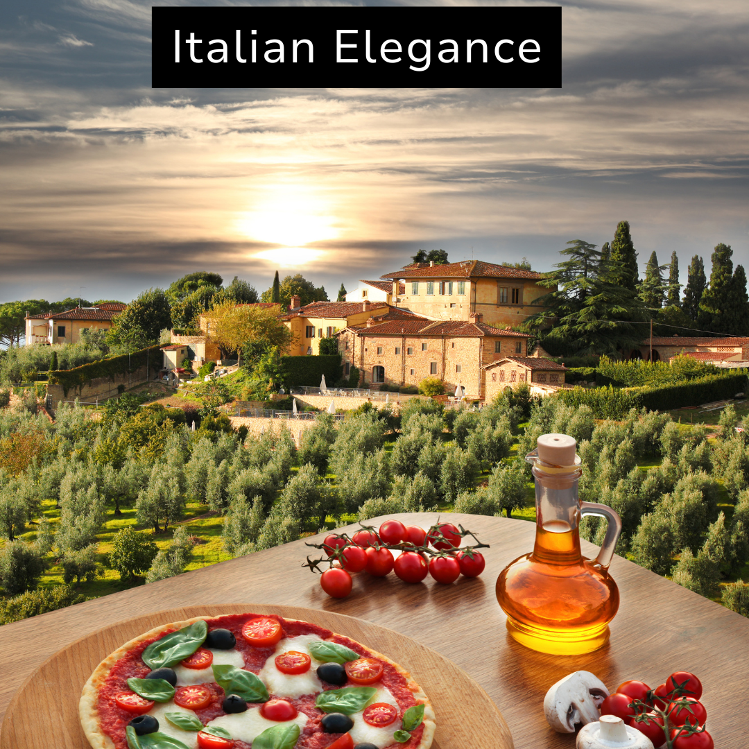 Sunset over a scenic Italian hillside with rustic houses and lush greenery, foreground shows a pizza with tomatoes, basil, and olives, a bottle of olive oil, cherry tomatoes, and mushrooms on a wooden table.