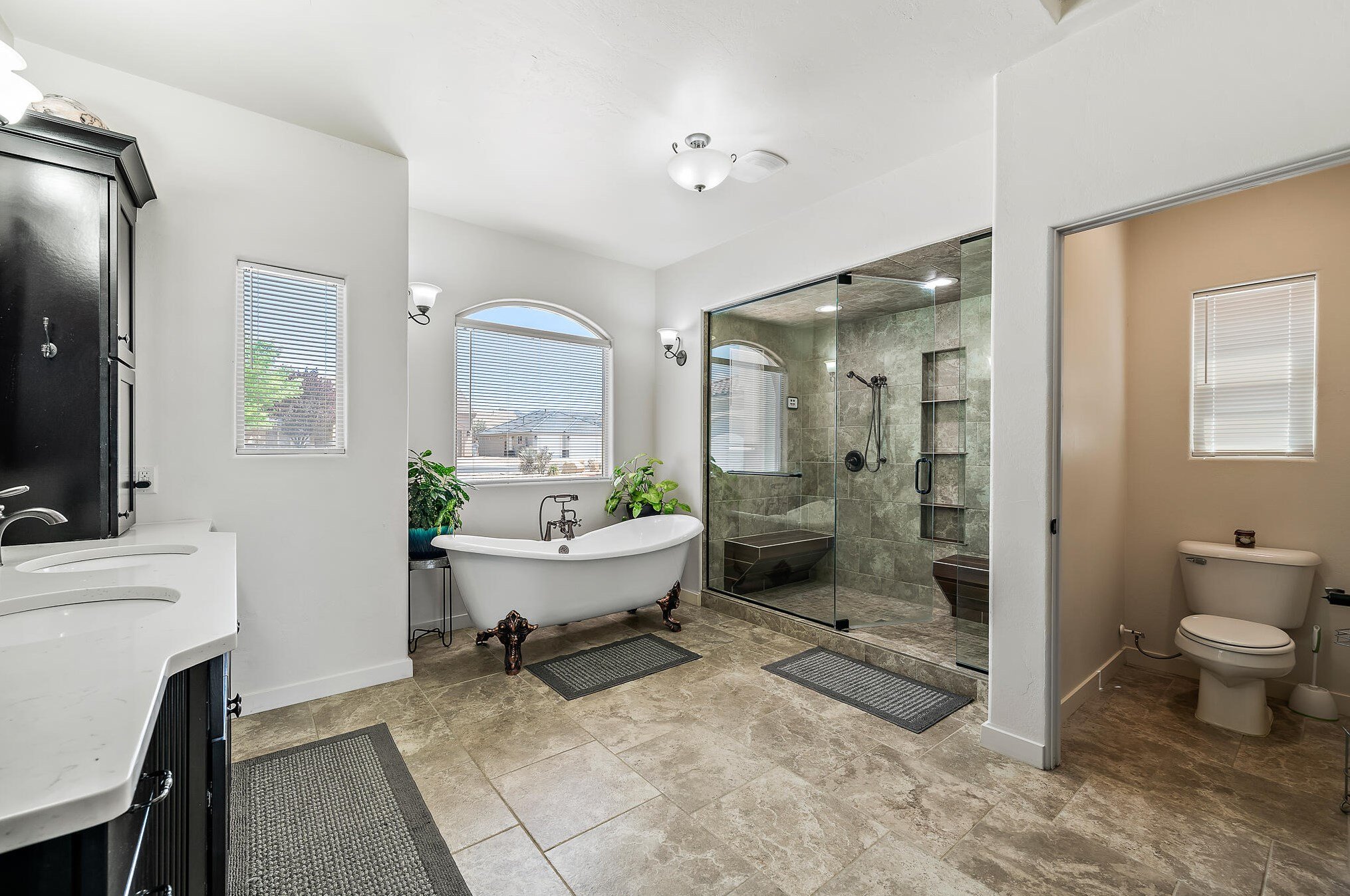 beautiful large spacious master bath, claw foot tub, double steam shower