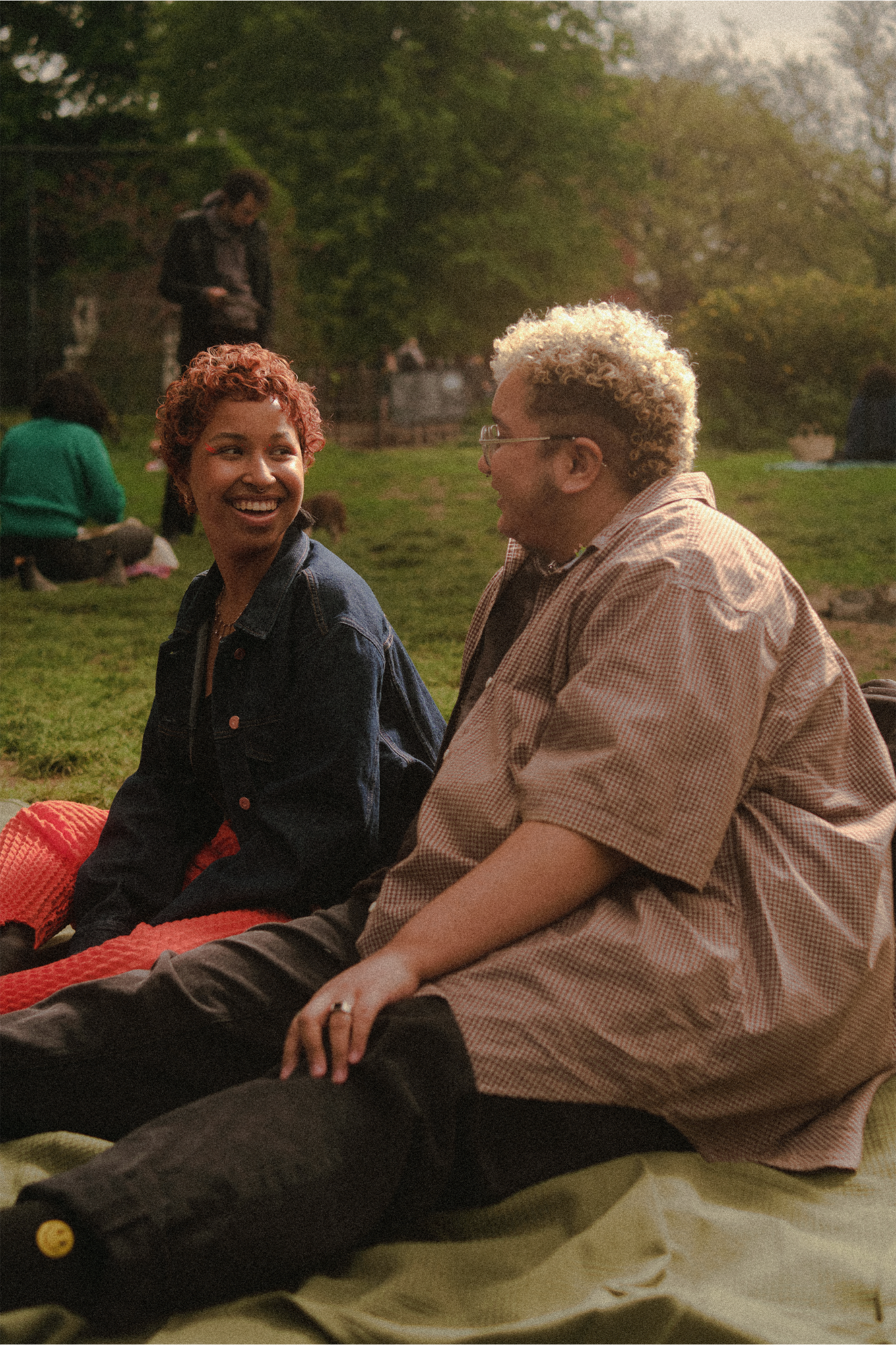Two people sitting on a blanket outdoors, smiling and engaging in conversation, with other people in the background in a park during daytime.
