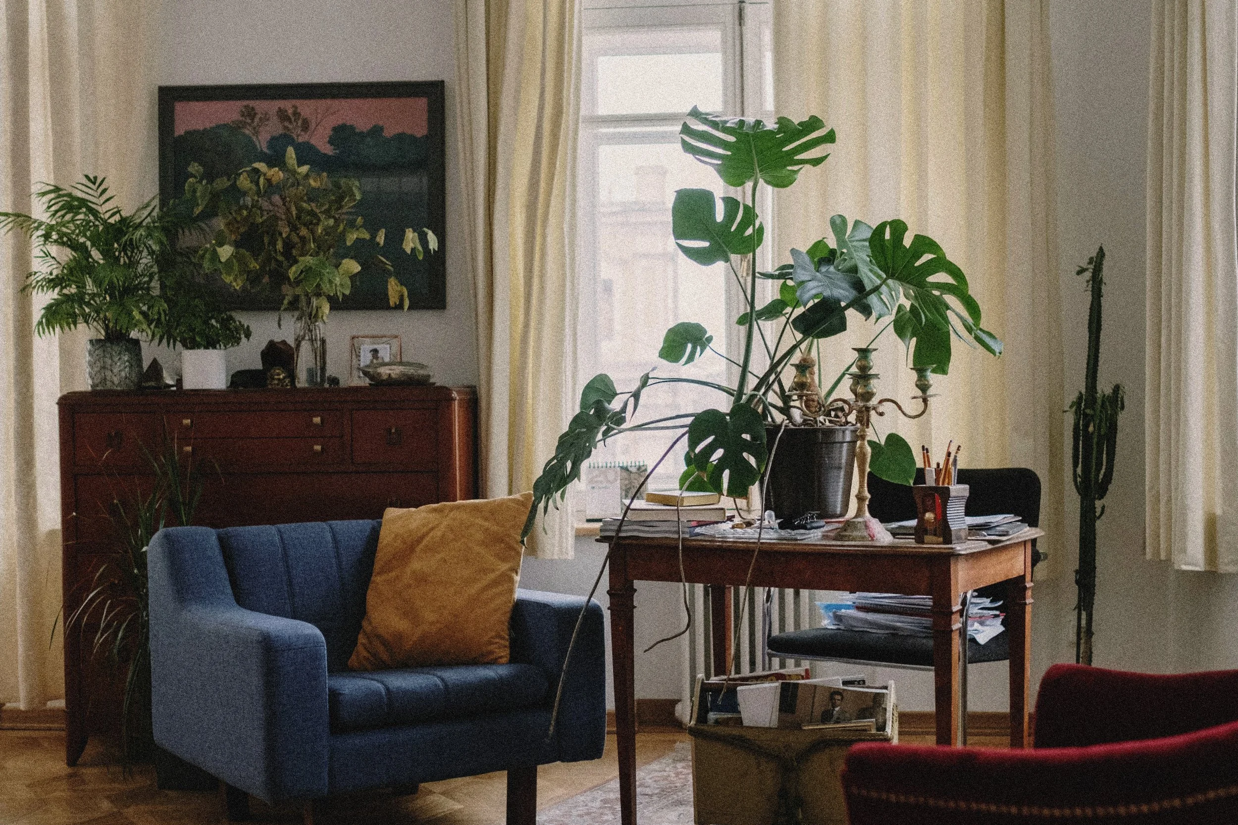 Living room with a blue sofa with a yellow pillow, a wooden desk with a large potted monstera plant, a prayer candelabra, and various papers. In the background, a wooden sideboard with plants and a framed painting on the wall.