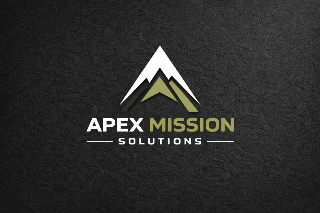 Logo for Apex Mission Solutions with a stylized mountain graphic and text in white and green on a black textured background.