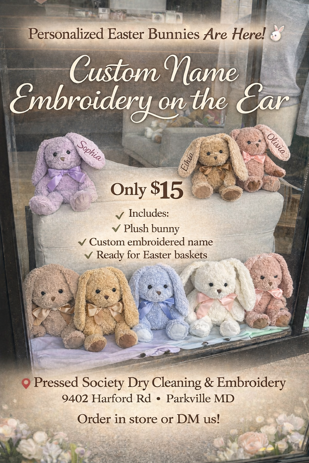 Custom embroidered Easter bunny with name stitched on the ear at Pressed Society Dry Cleaning and Embroidery in Parkville Maryland.