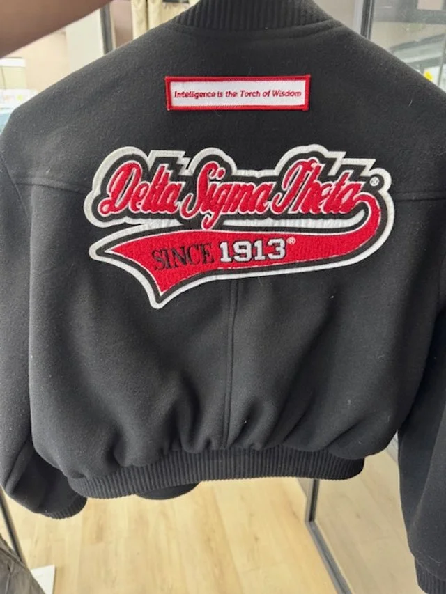 Custom embroidered varsity jacket back logo stitched by Pressed Society in Parkville Maryland