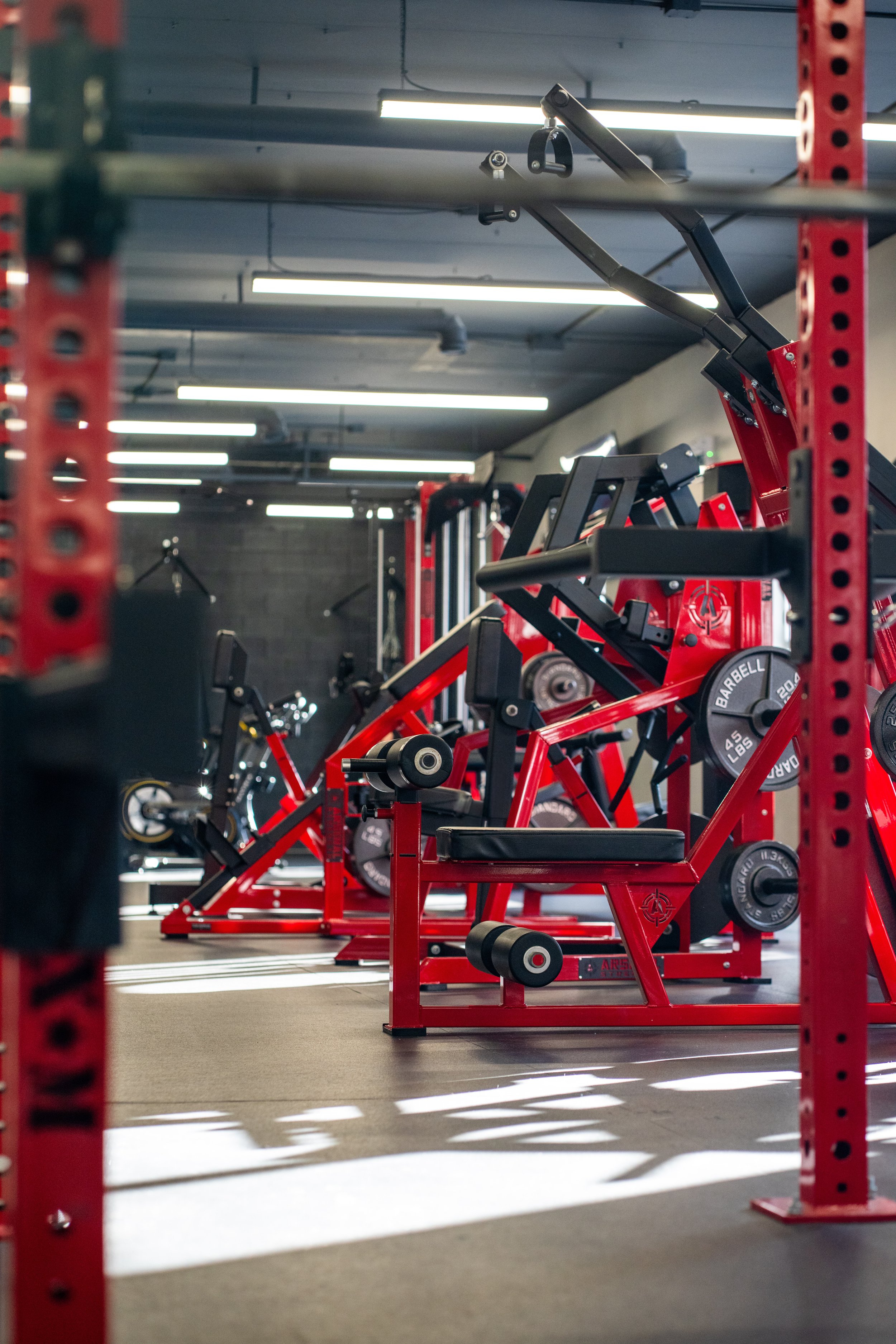 Interior view of a gym with red workout machines, weight plates, and shelving, illuminated by overhead fluorescent lighting.