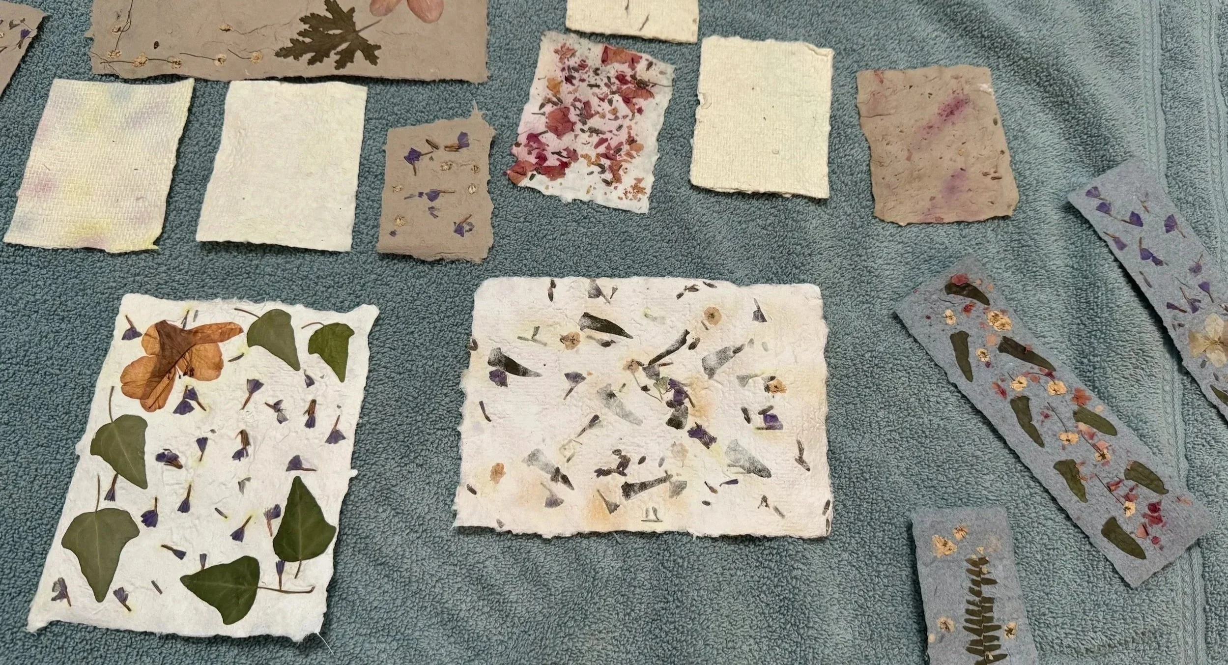 Multiple handmade paper sheets with pressed flowers and leaves laid out to dry.