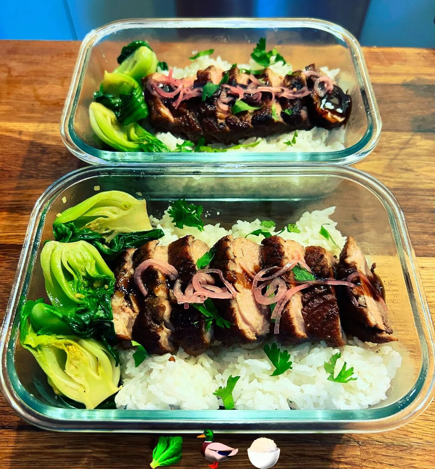 Meal Prep Photo Dump - Summer 2025 ☀️🔪⛵️🔪 1)Cha Siu Roasted Duck Breast- Hudson Valley Duck, Sumac Pickled Shallots, Steamed Jasmine Rice, Sesame-Ginger Baby Bok  2)Crispy Oven-Roasted Chicken Thighs-Salsa Wasakaka (avocado-cilantro) Roasted Sweet 