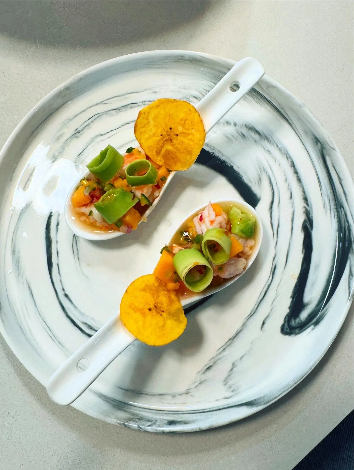 Had so much fun cooking a private dinner for two in Hoboken tonight, the best clients!!! Happy customers, happy chef, Chop Chop! Shrimp Ceviche - Yuzu Aguachile, Mango, Avocado, Shiso, Plantain Chip. Tahini-Chili Cucumber Salad - Lemon-Garlic Whipped