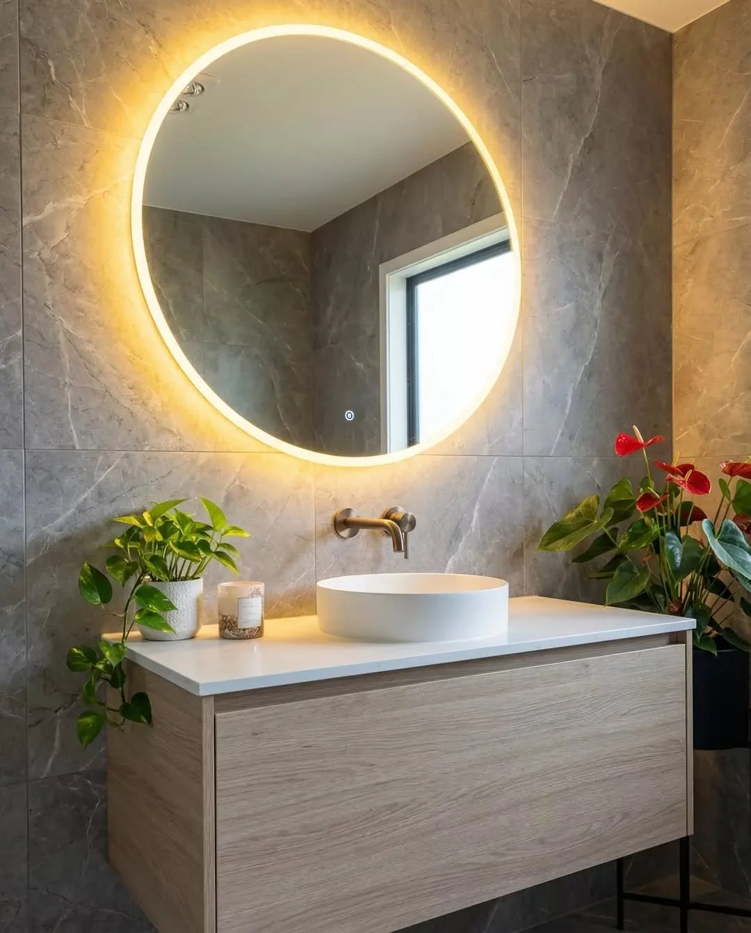 Sometimes the simple combinations work best. Warm stone tiles, a timber vanity and a backlit mirror that gives the whole space a soft glow. Clean, calm and exactly the kind of bathroom you want to start and finish your day in. #bathroomlighting #inte