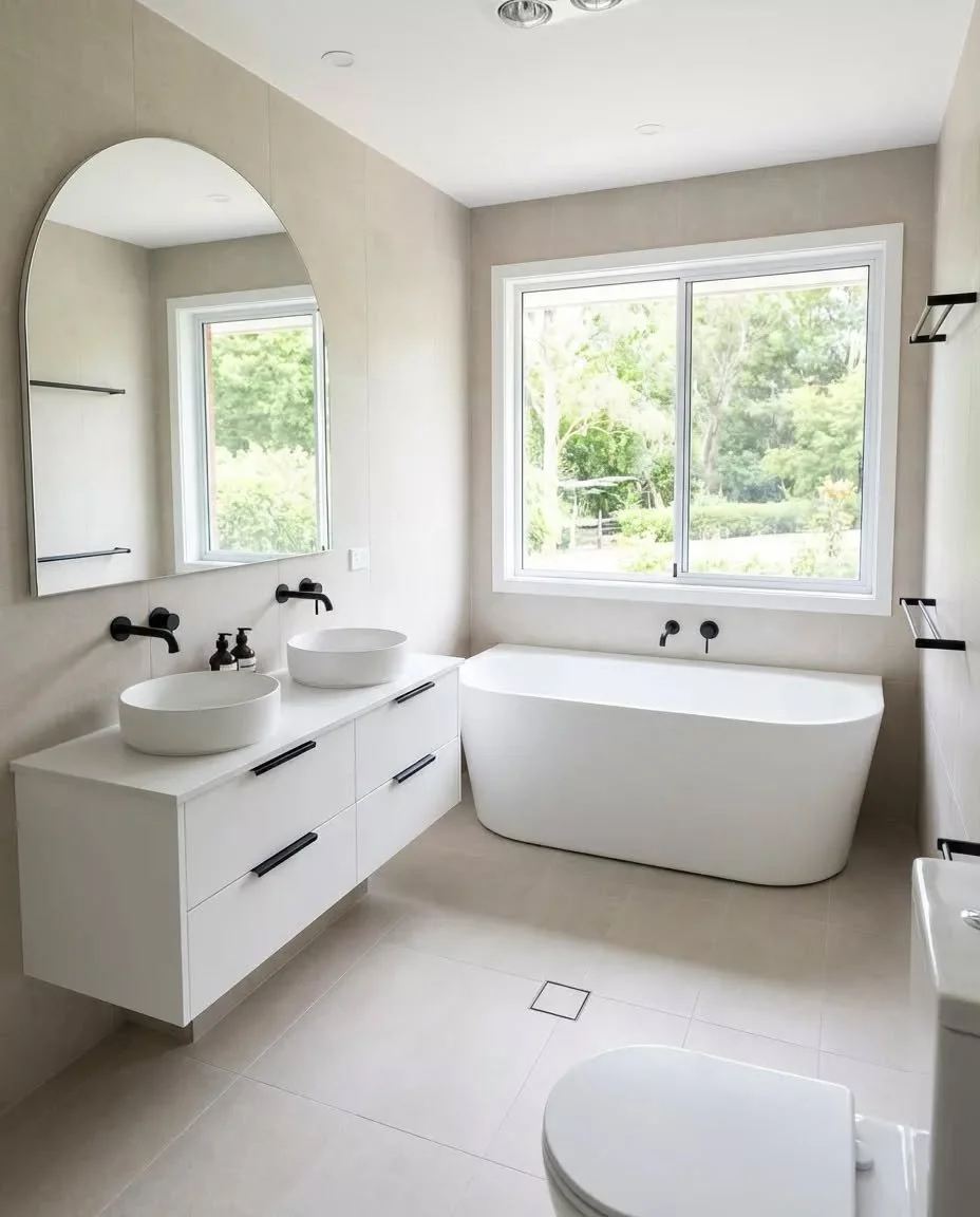 Natural light makes a huge difference in a bathroom and this space shows it. A double vanity for everyday practicality and a freestanding bath perfectly placed to enjoy the view. Hard to beat a layout like this. #bathroomdesign #modernhome #bathroomi