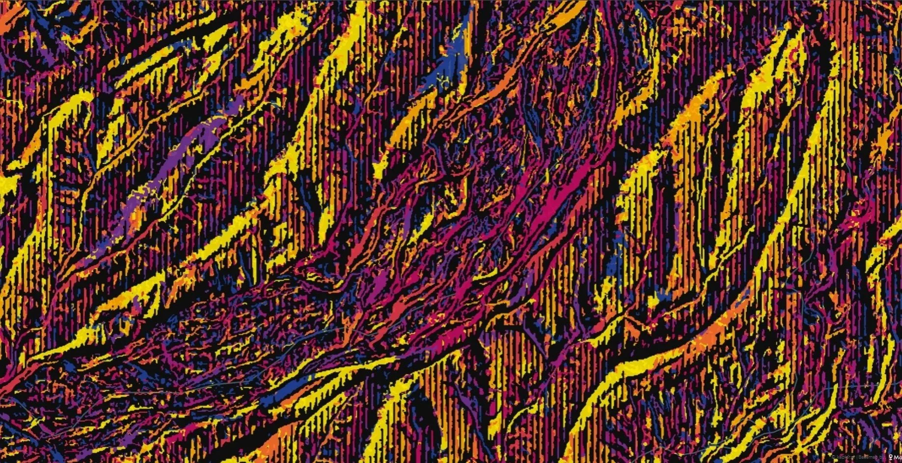 A digital art piece with neon-like colors depicting an abstract landscape of interconnected roots or branches with bold, vibrant hues of yellow, orange, purple, and blue.