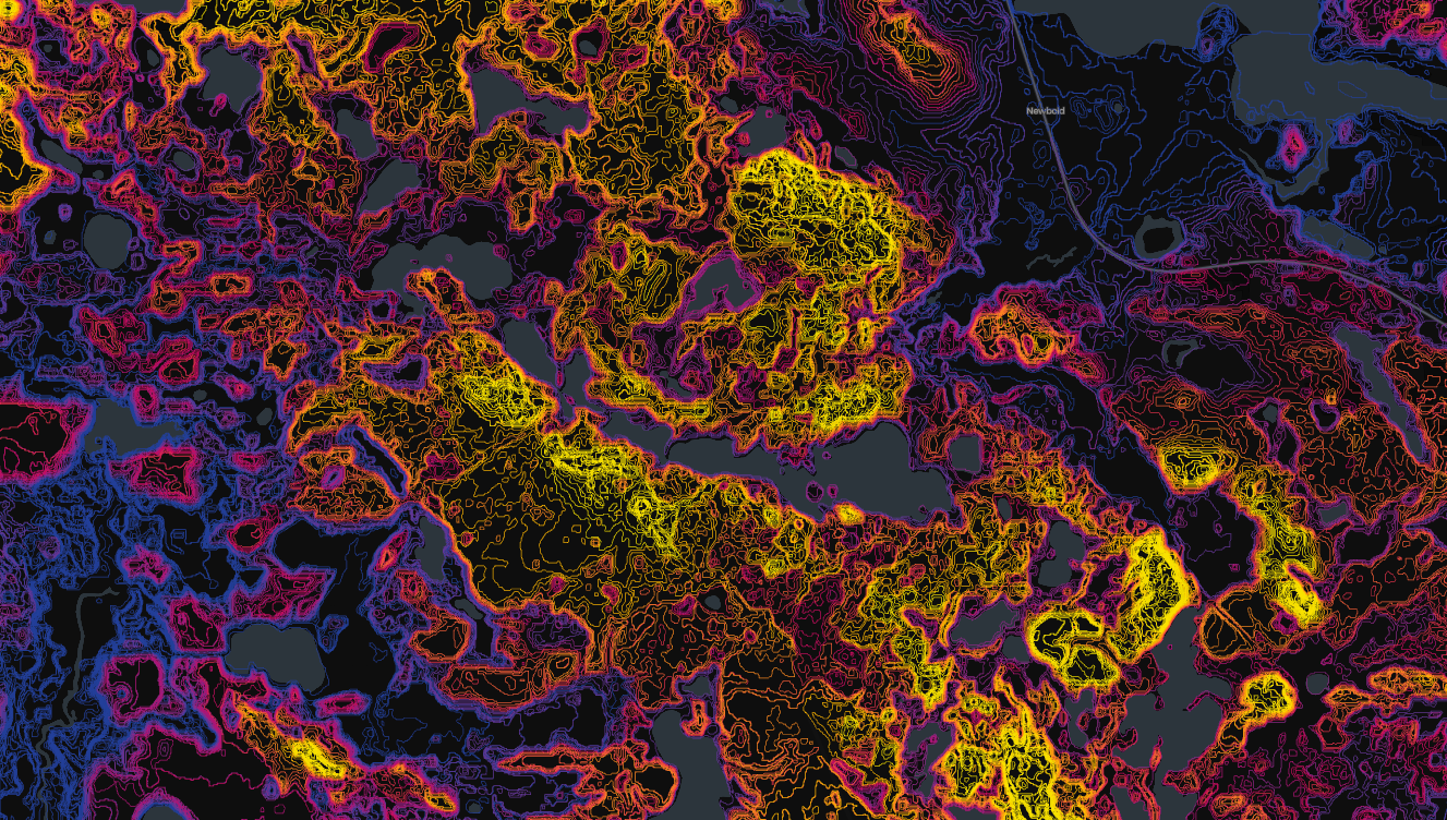 Colorful abstract topographic map with contour lines in yellow, pink, purple, red, and blue on a dark background.