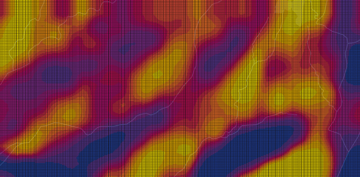 A colorful topographic map with elevation data represented in red, orange, yellow, purple, and blue colors.
