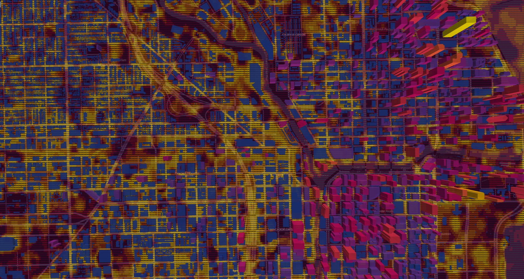 A digital map of Chicago showing city streets in yellow, surrounding highways, and 3D block representations of buildings in pink and blue.