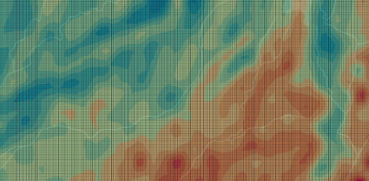 Colorful topographical map with contour lines and grid overlay