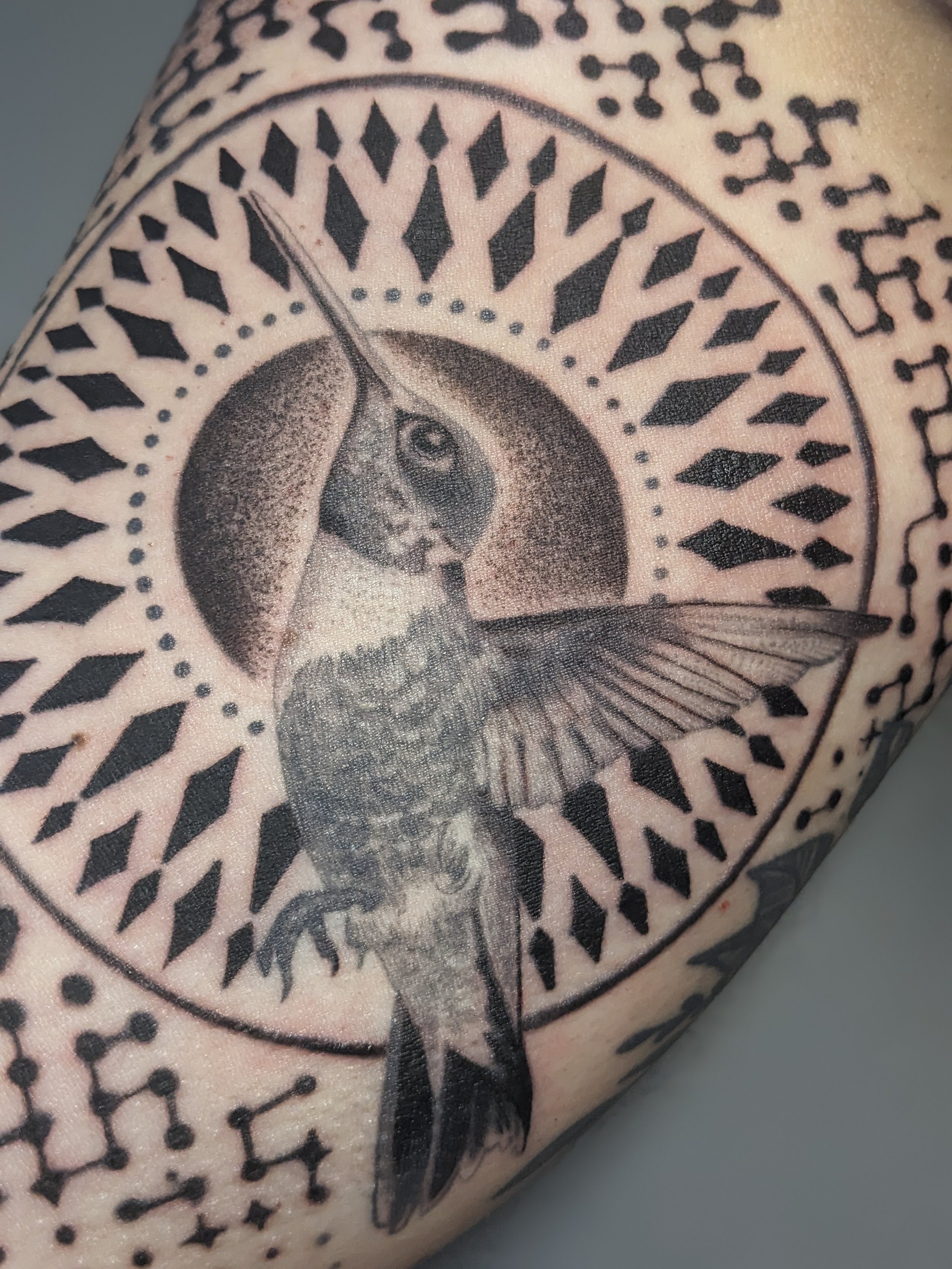 cool hummingbird tattoo with blackwork geometry