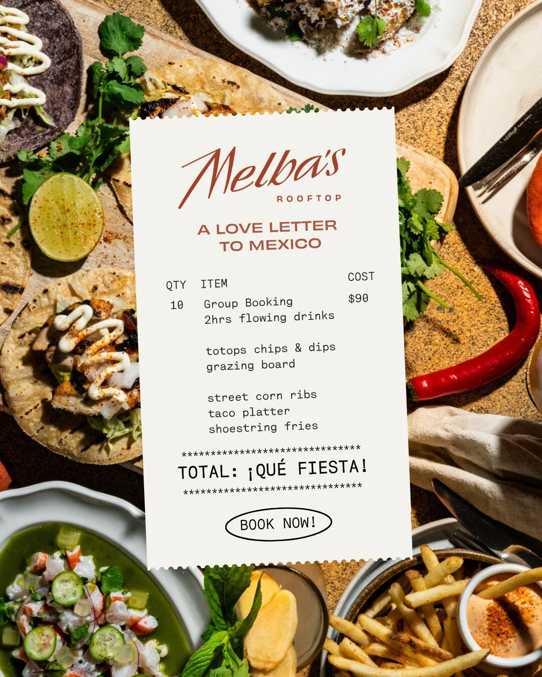 The receipt says it all 🌮🍸 Round up 10+ amigos and leave the rest to us. Flowing drinks, taco platters, street corn ribs &amp; more for $90pp 🌶️