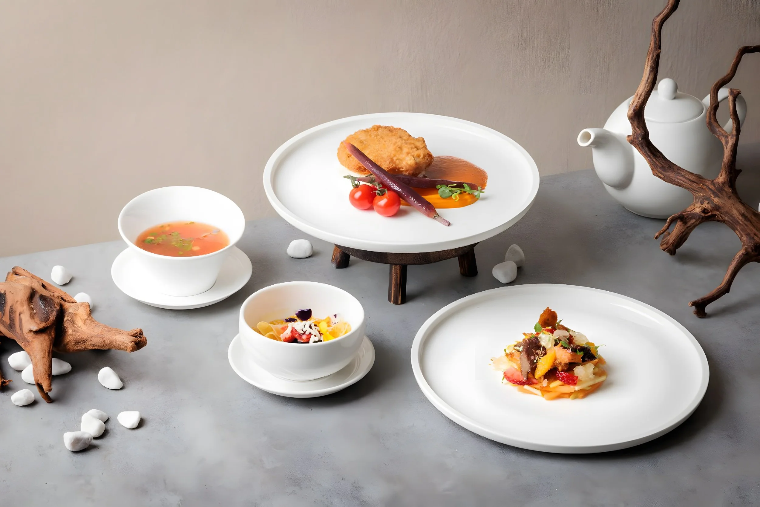 An artistic presentation of gourmet dishes and a teapot on a minimalist table with decorative wood pieces and rocks, featuring a breaded cutlet with cherry tomatoes, a bowl of soup, a salad, and a plated appetizer by Lavish Catering