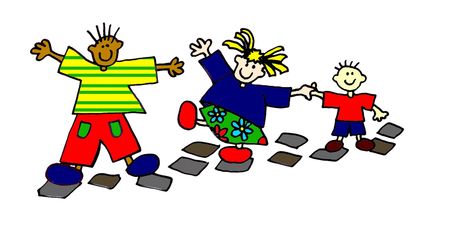 Children playing hopscotch outdoors on a chalk-drawn hopscotch game, holding hands, smiling, with one child in a yellow and green striped shirt, another in a blue shirt with floral shorts, and a third in a red shirt and blue shorts.