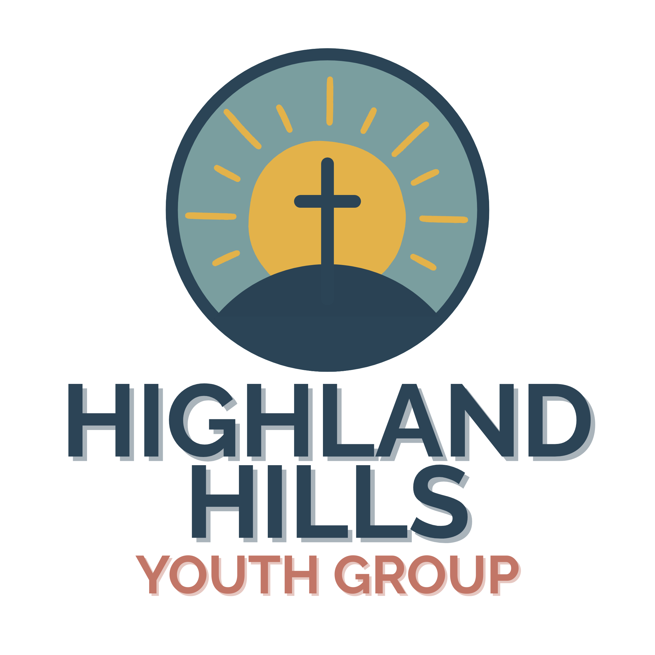 Logo for Highland Hills Youth Group featuring a hill with a cross and a sunburst background.